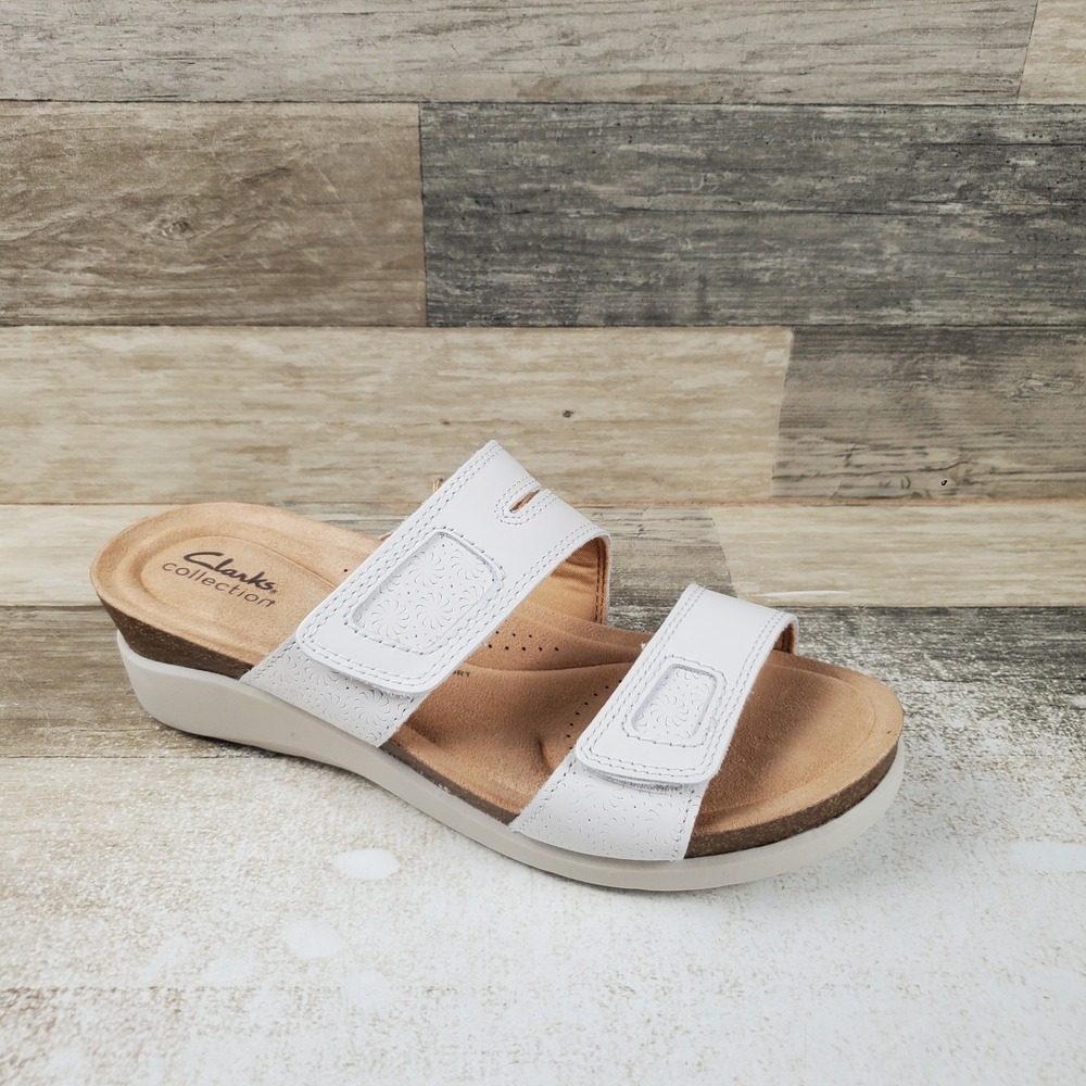 Clarks Calenne Maye Womens Sandals Sz 8 M White Leather Slip On Dual Hook & Loop